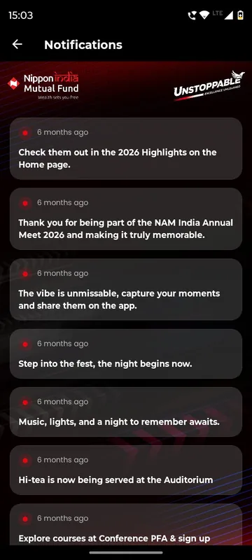 Notifications list with updates about hi-tea, the fest night, highlights and a thank-you