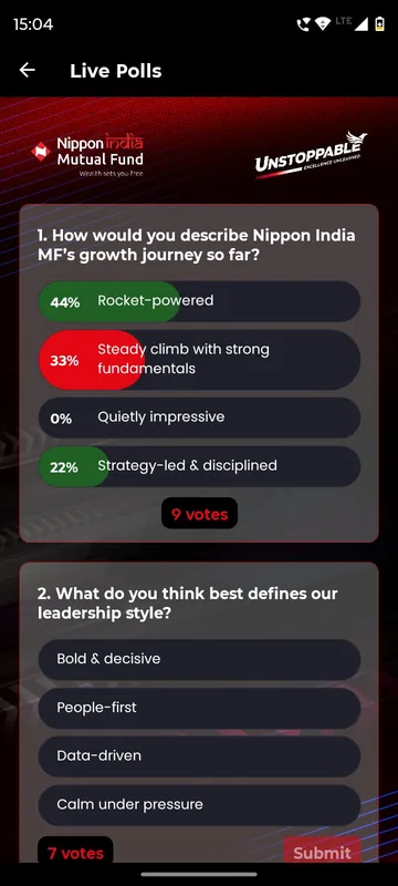 Live polls with a question about the growth journey showing four options with vote percentages and a nine votes count and a second question below