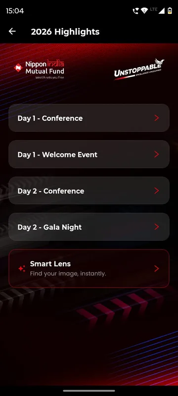 Highlights page listing Day 1 Conference, Day 1 Welcome Event, Day 2 Conference and Day 2 Gala Night albums plus a Smart Lens find your image entry