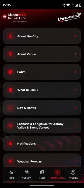 Information hub with entries for About the City, About Venue, FAQs, What to Pack, Do's and Don'ts, coordinates, notifications and weather