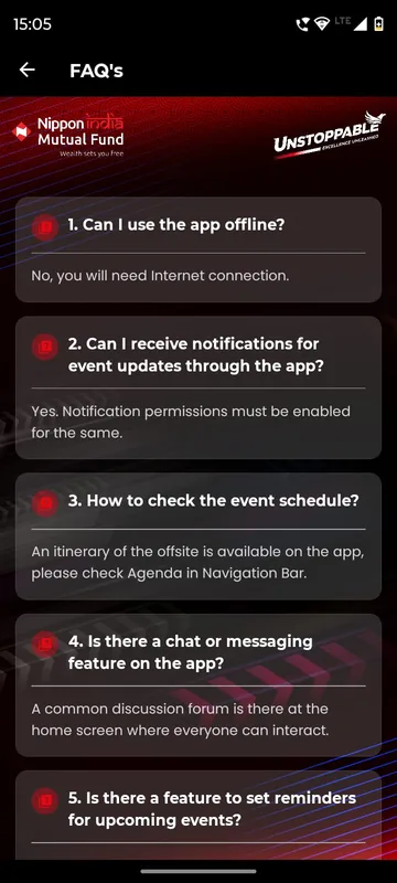 FAQ page with numbered expandable questions about offline use, notifications, the schedule, chat and reminders