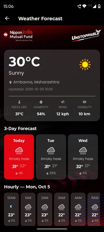 Weather page with the current temperature, humidity, wind and visibility, a three day forecast and an hourly strip