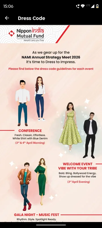 Illustrated dress code page showing cartoon outfits for the conference mornings, the welcome event and the gala night