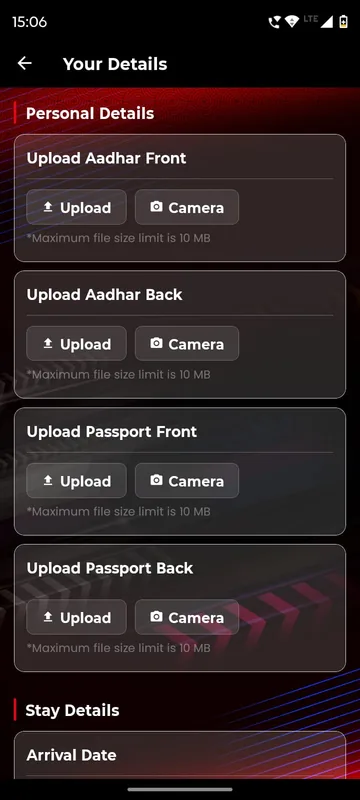Your Details hospitality form with Upload and Camera buttons for ID documents front and back and a Stay Details section starting with arrival date
