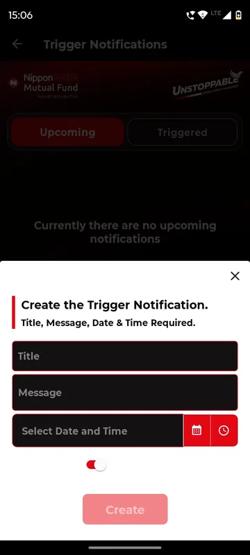 Create trigger notification sheet over an empty upcoming list with title, message, date and time fields