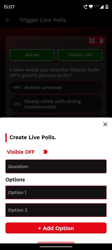 Create Live Polls sheet with a Visible OFF switch, a question field, two option fields and an Add Option button