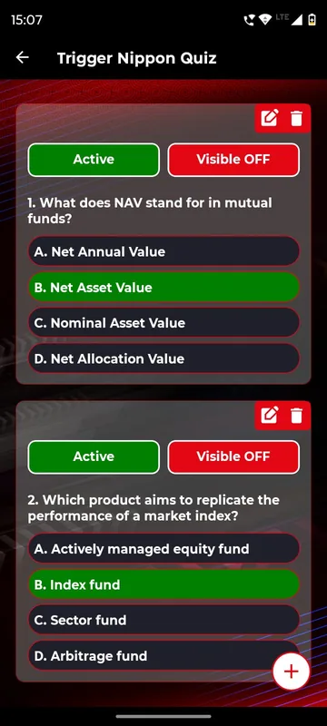 Organiser quiz list with finance questions, four options each and the correct option highlighted green