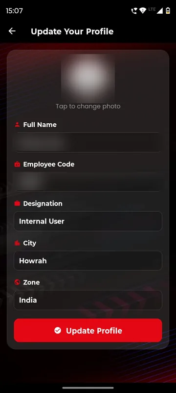 Update Your Profile form with photo, full name, employee code, designation, city and zone fields; the photo, name and code are blurred