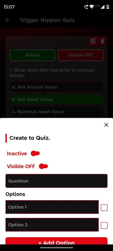 Create quiz sheet with Inactive and Visible OFF switches, a question field and option fields each with a correct-answer checkbox