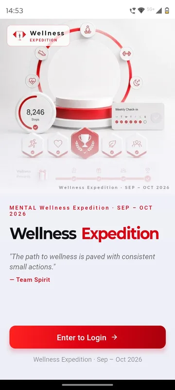 Wellness programme splash with a step ring showing 8,246 steps, a trophy and badge icons, a quote about small actions and an Enter to Login button