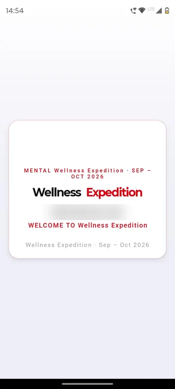 Welcome card for the Mental Wellness Expedition, September to October 2026, with the participant name blurred
