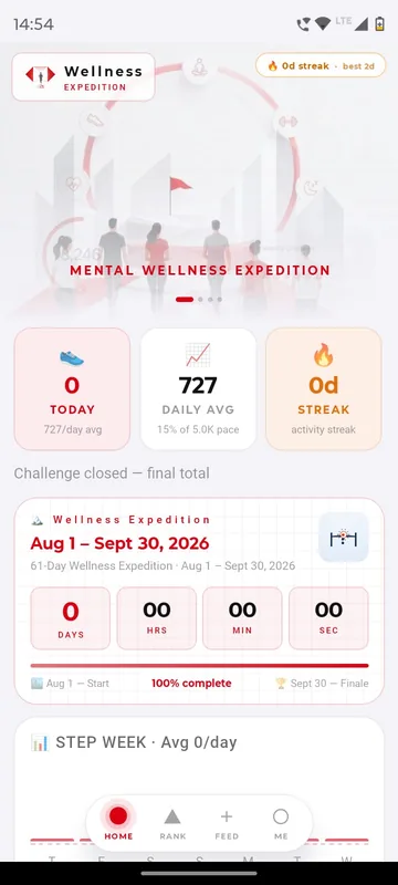 Home with a Mental Wellness Expedition hero banner, tiles for steps today, daily average against the 5K pace and activity streak, above a final total card