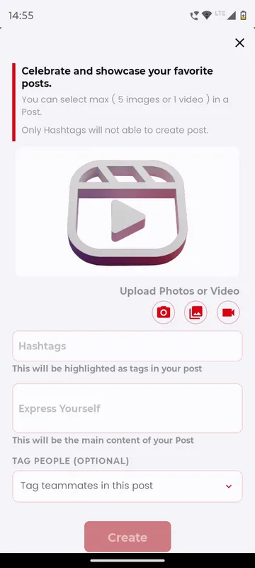 Create post sheet with media upload buttons, hashtags, caption and an optional tag people dropdown