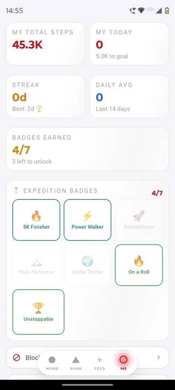 Personal stats with total steps, today steps, streak and daily average tiles, a badges earned 4 of 7 counter and an expedition badges grid of earned and locked badges