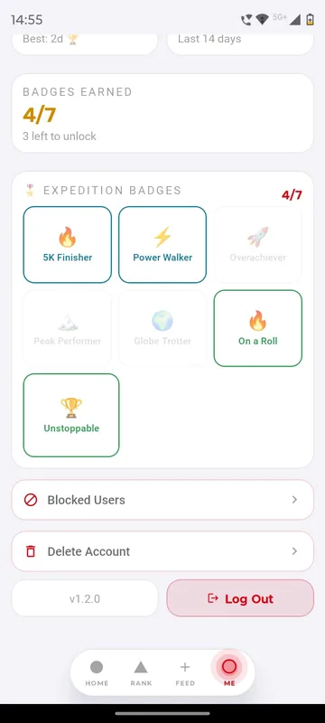 Expedition badges grid with earned and locked badges above account options