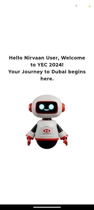 Welcome message announcing the journey to Dubai begins with a friendly branded robot mascot illustration