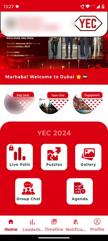 Home with a Marhaba welcome to Dubai banner, Help Desk, Team Chat and Engagement shortcuts and tiles for Live Polls, Puzzles, Gallery, Group Chat and Agenda