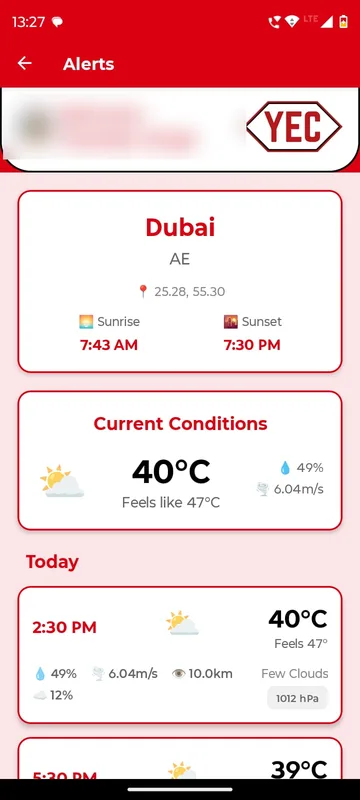 Alerts page with Dubai coordinates, sunrise and sunset times, current conditions and an hourly forecast