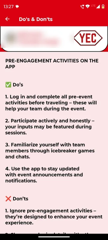Do's and Don'ts page with pre-engagement guidance for the app split into ticked dos and crossed don'ts