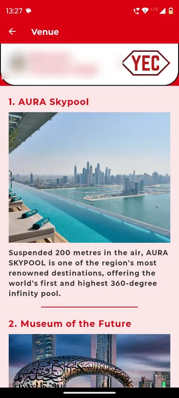 Venue page describing a rooftop infinity pool and the Museum of the Future with Dubai skyline photographs