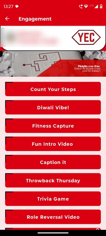 Engagement page listing activity buttons for Count Your Steps, Diwali Vibe, Fitness Capture, Fun Intro Video, Caption it, Throwback Thursday, Trivia Game and Role Reversal Video