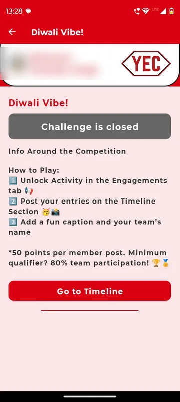 Diwali Vibe challenge page marked closed with how-to-play steps, points per post and a Go to Timeline button