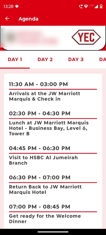 Agenda with Day 1 to Day 4 tabs listing hotel arrival and check-in, lunch, a branch visit, the return to the hotel and the welcome dinner