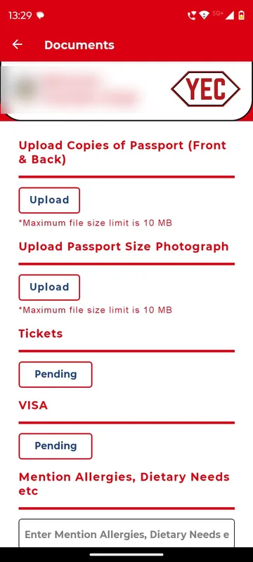 Documents page with passport and photograph upload buttons, Tickets and Visa marked Pending and a field for allergies and dietary needs